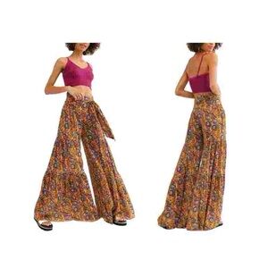 Free People Paisley Print Wide-Leg Pants - Orange and Blue. Size small